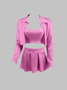 SHEIN 3 件套女士性感休闲装 - 长袖开衫、细肩带背心和百褶迷你裙，春夏 - 粉色 - 查看 3