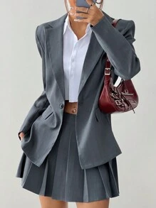 Flirla Early Autumn Solid Color Loose Waistband Blazer & A-Line Ruched Skirt Suit Set Fall Cloth For Women