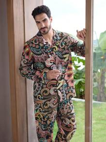 Manfinity ChillVibe Men's Botanical Print Single-Breasted Long Sleeve Top And Pants Pajama Set - Multicolor - View 7