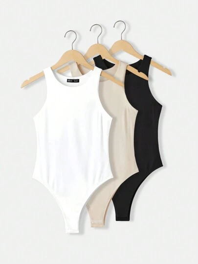 SHEIN BASICS 3pcs/Set Women's Casual Crew Neck Sleeveless Skinny Solid Color Knit Bodysuit/Summer