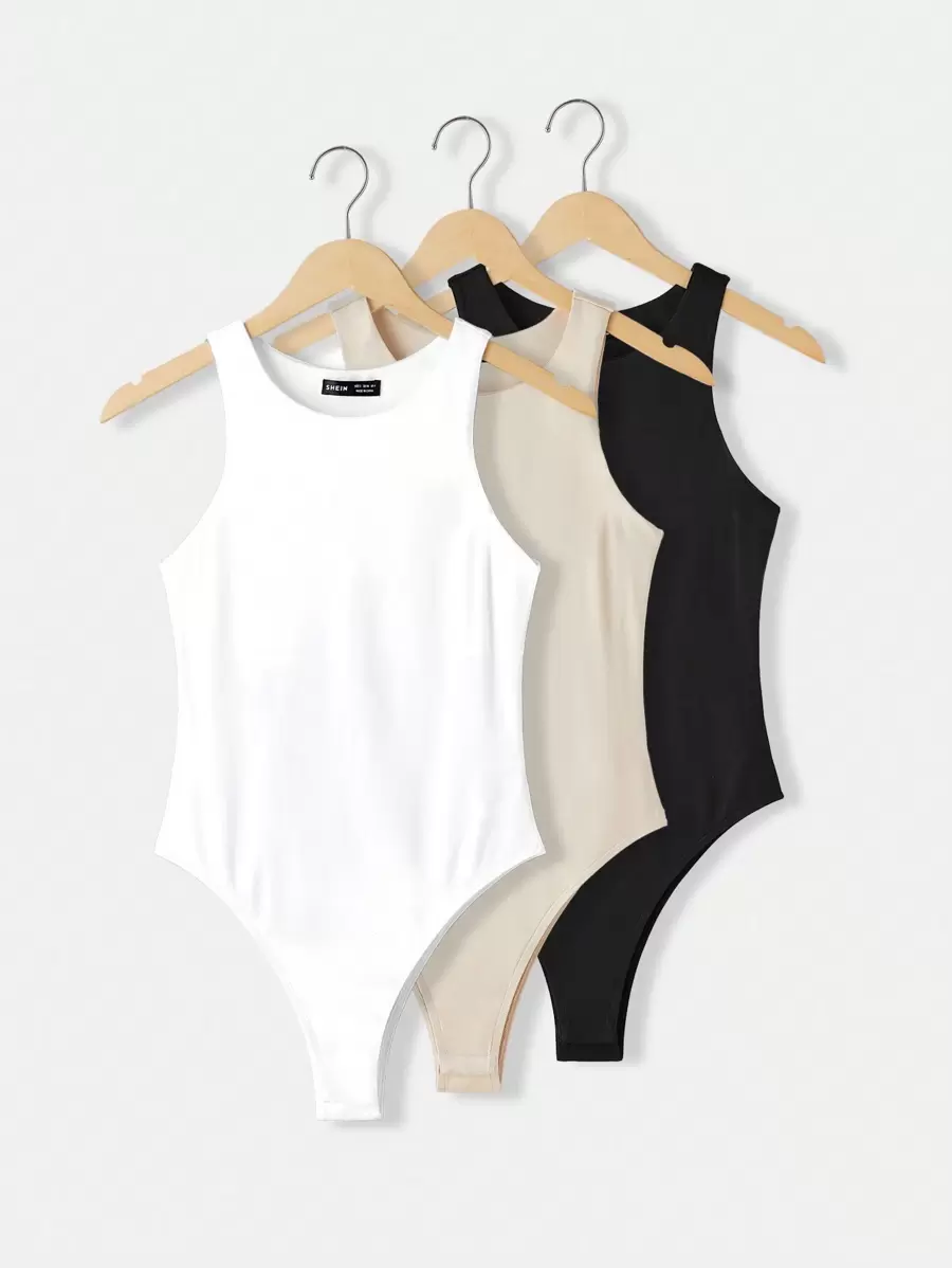 SHEIN BASICS 3 件套女士休闲圆领无袖紧身纯色针织紧身衣 - 彩色 - 查看 1