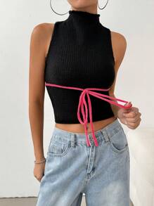 SHEIN EZwear 女式夏季立领无袖短款修身针织上衣，腰带 - 黑色 - 查看 5