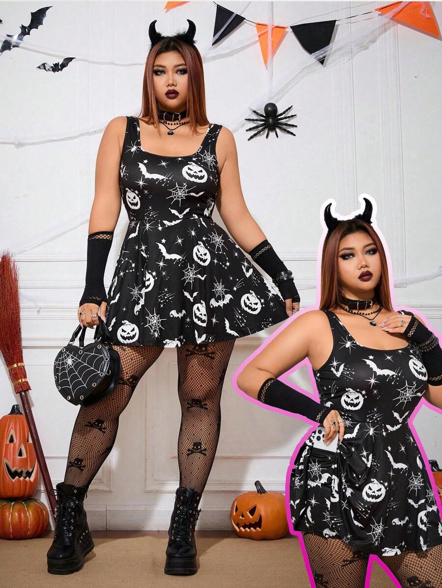 SHEIN EZwear Mono de Halloween con estampado de murciélagos y calabazas para mujer talla grande, con bolsillo para teléfono, disfraz de Halloween, color negro - Blanco y Negro - Ver 1