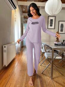 RueChic Ladies' Purple Letter Print Long Sleeve Homewear Set - Purple - View 5