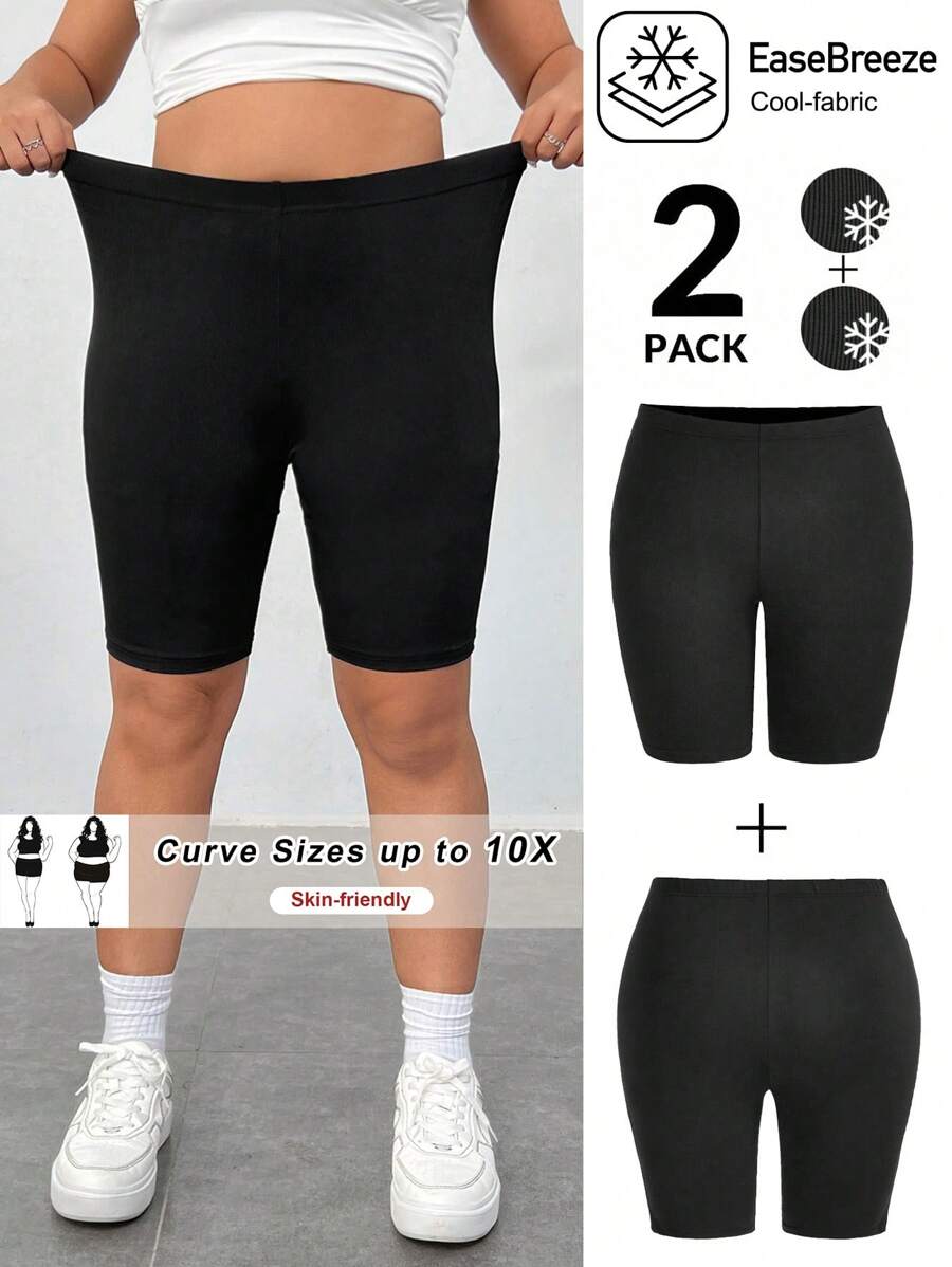 SHEIN CURVE+ Plus Size Outdoor Sports High Waist Cooling Stretchy 5-Point Shorts, Black