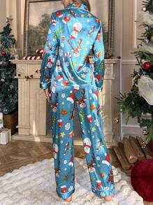 女士圣诞印花翻领上衣和长裤睡衣套装，秋装