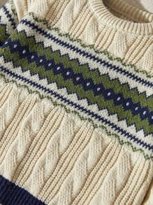 Áo len cổ tròn màu tương phản Fair Isle của Young Boy, có thiết kế cổ điển và thời trang - Xám - Xem 5