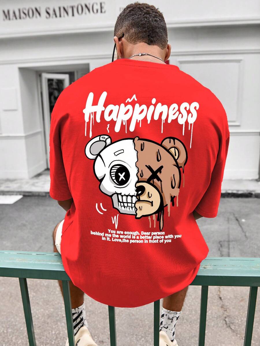 Manfinity Roghcode 男士圆领短袖熊印花休闲 T 恤 - 紅色 - 查看 1