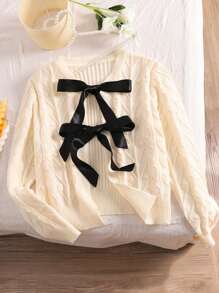 SHEIN Privé Plus Size Women Apricot Open Front Bowknot Cable Knit Sweater - White - View 4
