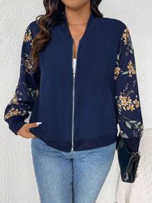 SHEIN Frenchy Chaqueta de béisbol con bloques de color e impresión floral para mujeres de talla grande, para primavera y otoño