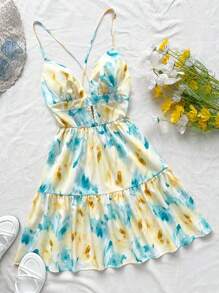 Soleia Women Floral Print Spaghetti Strap Backless Tie Waist A-Line Dress