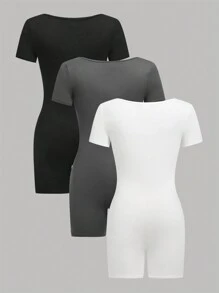 SHEIN Girlism 3pcs/Set Teen Girl Knit Solid Crew Neck Form-Fitting Casual Short Sleeve Jumpsuit