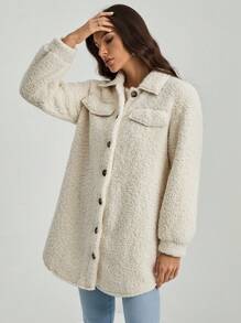 SHEIN Tall 秋冬落肩翻盖细节泰迪熊大衣 - 杏色 - 查看 9