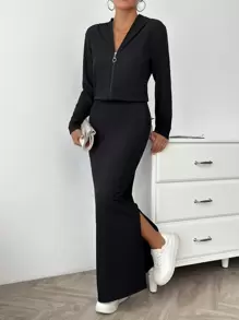 EURMUSE Black Long Skirt And Cardigan Sets - Black - View 4