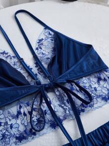 Contrast Lace Trim Deep V Sexy Faux Silk Pajama Set - Royal Blue - View 3
