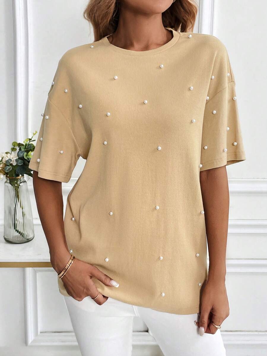 SHEIN LUNE 女士圆领短袖仿珍珠装饰休闲衬衫