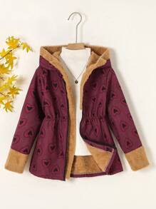 Young Girls Digital Print Heart Pattern Thermal Lined Hoodie Jacket With Zipper Closure, Long Sleeve Mid-Length Casual Warm Outerwear, Winter - Burgundy - View 1