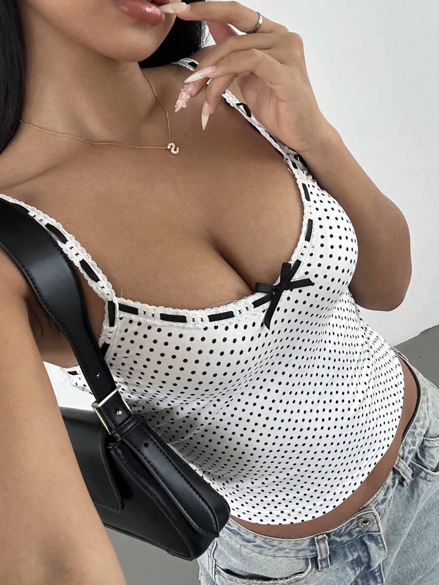 SHEIN SXY 圆点印花休闲无袖上衣，配蝴蝶结装饰