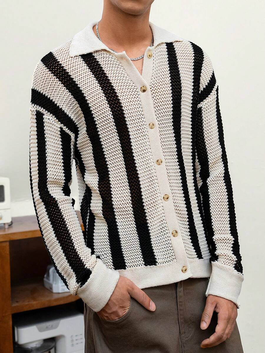 Mainfolk Men's Casual Loose Knitted Long Sleeve Cardigan Sweater, For Fall Winter - Black and White - View 1