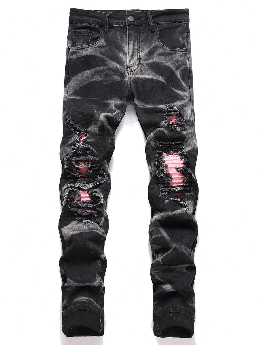 Chillumni 男式破洞紧身破洞休闲牛仔裤，带口袋，垃圾摇滚
