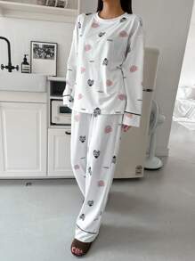 DAZY Women Cute Cartoon Print Round Neck Drop Shoulder Top And Pants Pajamas Set, Spring Summer - Beige - View 7