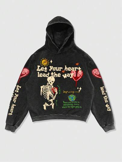 Street Life Men's Casual Long Sleeve Hoodie With Skull & Letter Print