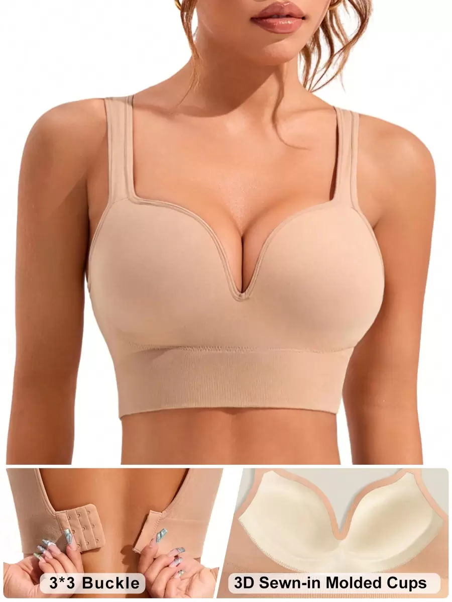 SHEIN Cheerettes 女士无缝固定罩杯运动胸罩,无可拆卸垫的高强度运动胸罩,带缝制垫的运动胸罩,带不可拆卸垫的高强度支撑模制罩杯,适用于女士高支撑工字背心、健身、瑜伽、跑步 - 杏色 - 查看 1