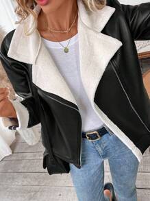 SHEIN LUNE Women Casual Solid PU & Fuzzy Lining Jacket, Autumn & Winter - Black and White - View 6
