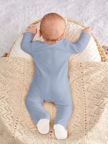 SHEIN 新生男婴可爱动物图案长袖连体衣 - 藍色 - 查看 2