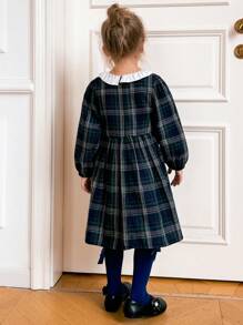 PrepCrw Váy dài tay cổ bèo nhún kẻ caro rộng rãi cho bé gái, trở lại trường vào mùa thu đông - màu xanh lá - Xem 2