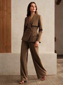 Anewsta 女士简约卡其色链条装饰长袖西装外套