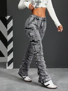 SHEIN PETITE Distressed Washed Ruched Cargo Denim Jeans - Grey - View 4