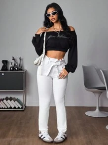 SHEIN Tall Women Casual Elastic Waist Tie Front Pocket Skinny Jeans