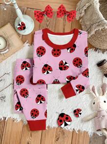 SHEIN Leap Crew 年轻女孩瓢虫卡通印花休闲柔软舒适修身长袖长裤睡衣套装，厚羊毛绒，适合秋冬季