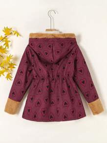 Young Girls Digital Print Heart Pattern Thermal Lined Hoodie Jacket With Zipper Closure, Long Sleeve Mid-Length Casual Warm Outerwear, Winter - Burgundy - View 2