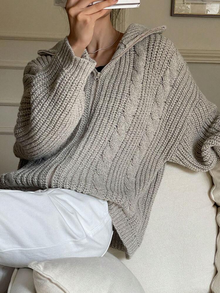 Women High Collar Zip-Up Long Sleeve Casual Solid Color Textured Knit Cardigan,Long Sleeve Tops Old Money,Fall Women Clothes