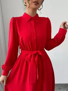 Elenzga Vestido de fiesta de Navidad para mujer, elegante y de moda, de manga larga, con solapa, cintura ceñida con cinturón, unicolor, ideal para el trabajo y los eventos de Año Nuevo