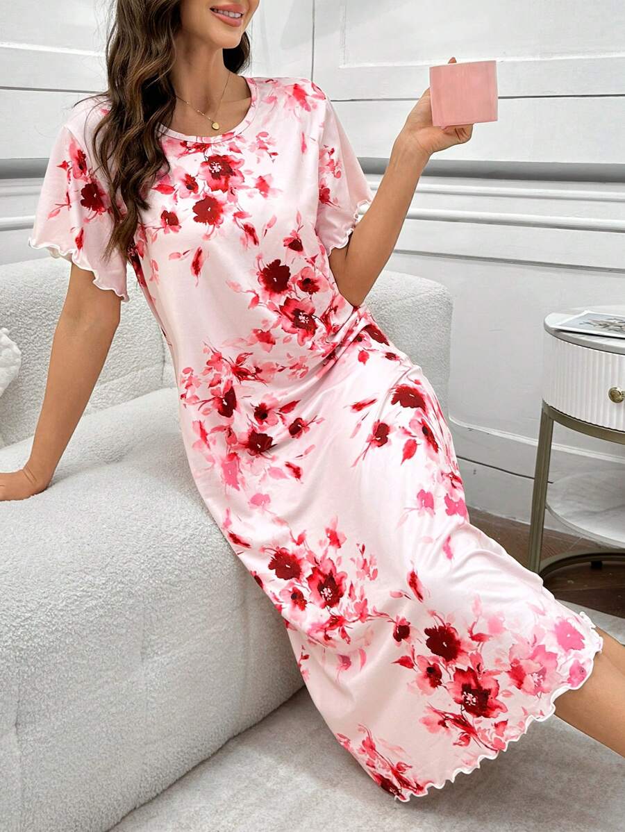 Camisón con cuello redondo de manga corta con estampado floral y volantes para mujer - Multicolor - Ver 1