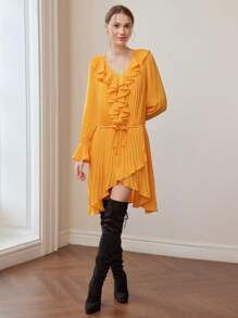 MOTF PREMIUM RUFFLE TRIM PLEATED FLOWY DRESS - Red - View 8