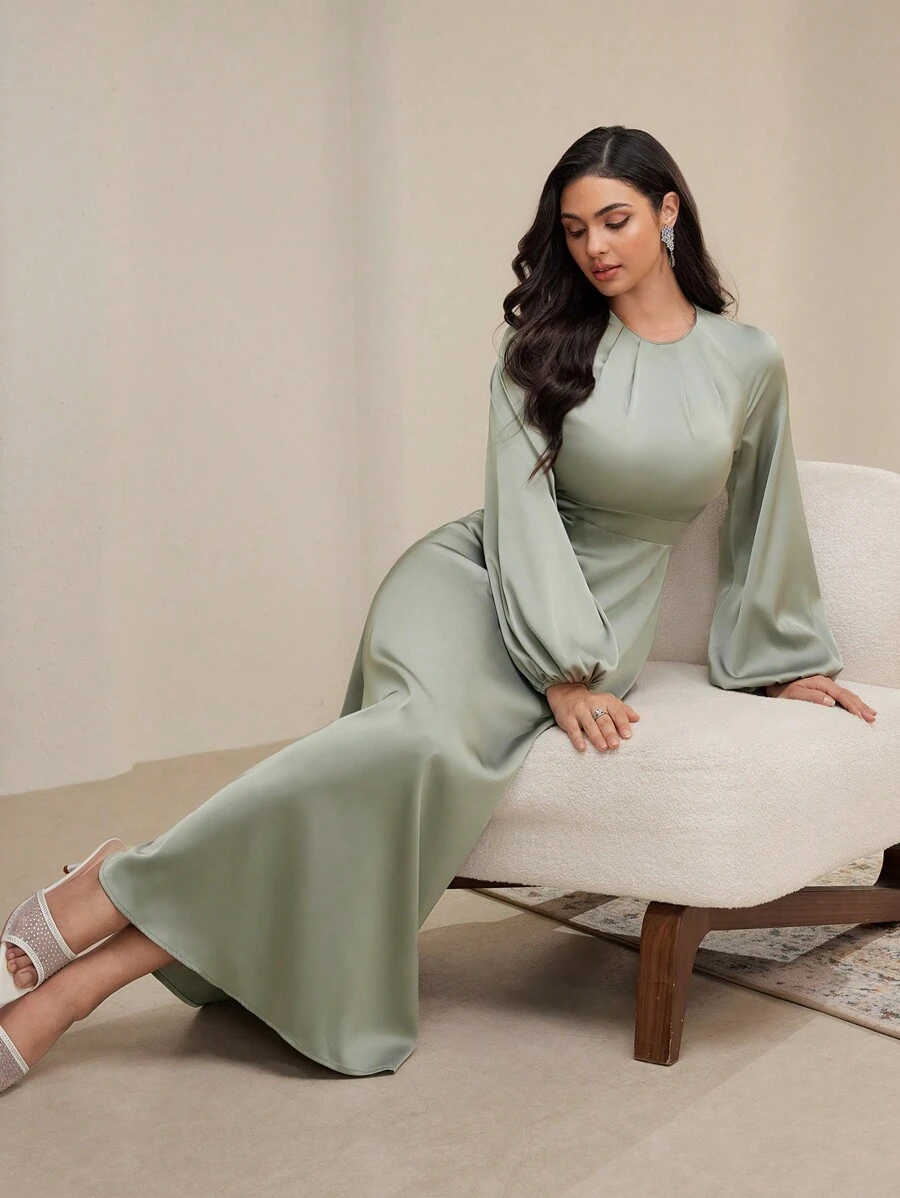 Veilorie Women's Elegant Solid Color Lantern Sleeve Long Dress, Spring & Autumn Modest - Green - View 1