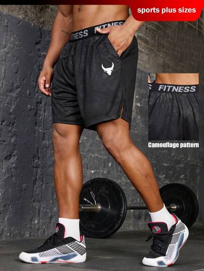 Gym Rark Plus Size Men's Letter & Pocket Print Casual Sports Shorts Breathable Lightweight Quick Dry Side Slits Stretch Woven Workout Black Shorts, Gym