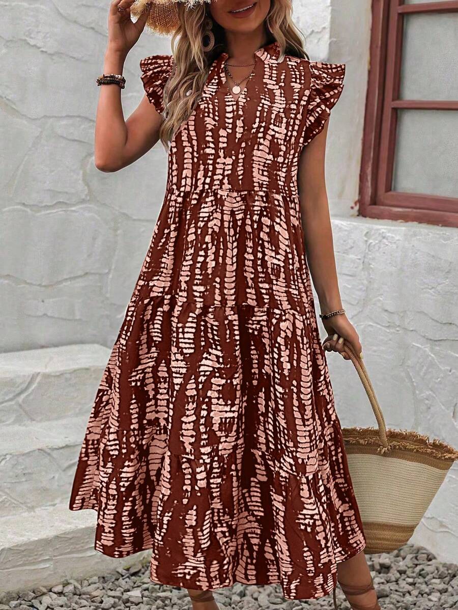 SHEIN LUNE All-Over Print Notch Neck Cap Sleeve Casual Vacation Dress