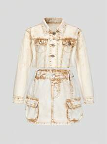 طقم جاكيت دنيم مغسول كاجوال بيج وتنورة قصيرة فتاة صغيرة 2 قطعة/مجموعة - كاكي - مشاهدة 1