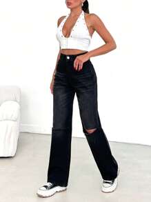 RueChic 100% Cotton HIGH RISE RIPPED WIDELEG BLACK JEAN - Black - View 5