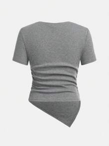 SHEIN Áo thun tay ngắn không đối xứng cạp chun đơn giản cho bé gái tuổi teen 2 chiếc - Màu Xám nhạt - Xem 5