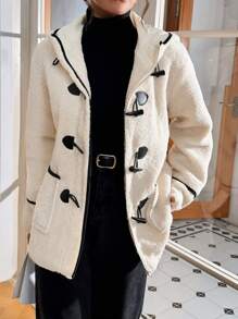 SHEIN Essnce 女士连帽保暖撞色仿围巾纽扣外套、毛绒外套、女士服装、秋冬女士服装。 - 米色 - 查看 3