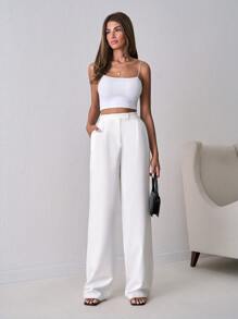 SHEIN Tall بنطلون مستقيم بخصر عالٍ ذو لون أحادي أنيق للنساء الطويلات مع تفاصيل الزر والسحّاب - أبيض - مشاهدة 3