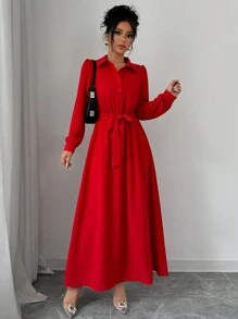 Elenzga Vestido de fiesta de Navidad para mujer, elegante y de moda, de manga larga, con solapa, cintura ceñida con cinturón, unicolor, ideal para el trabajo y los eventos de Año Nuevo
