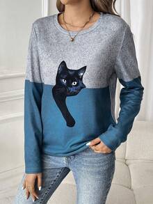 SHEIN LUNE Áo thun nữ cổ tròn dài tay in hình mèo đơn giản thường ngày - Nhiều màu - Xem 6