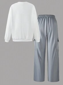 SHEIN Explorewe 少女复古图案印花卫衣和工装裤两件套 - 白色 - 查看 2